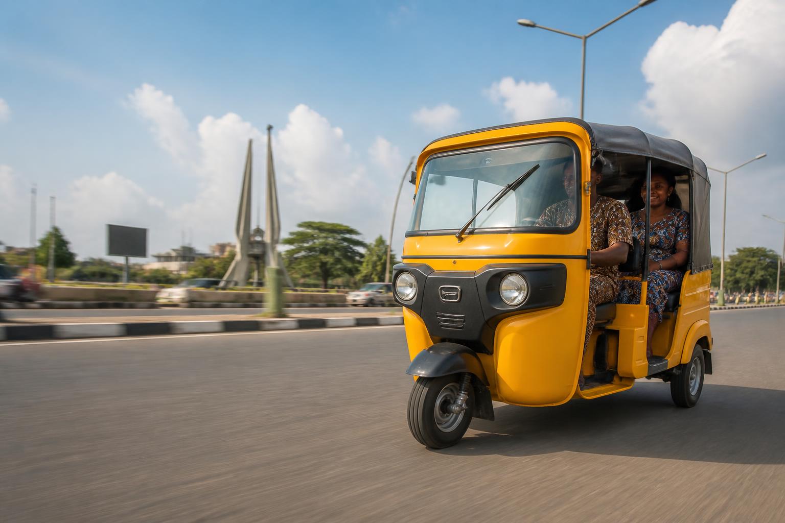 Yellow Keke Napep operating on a city road